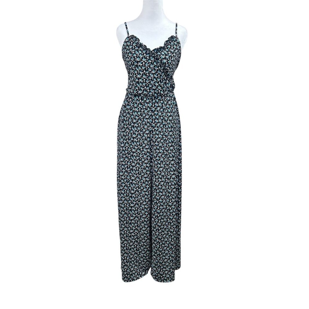 Cece Ditsy Floral Crossover Ruffle Wide Leg Jumpsuit Sz S